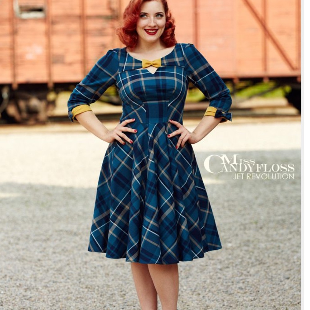 Miss Candyfloss Tartan Plaid Christine Kat Fit-and-Flare Midi Dress Yellow Bow L